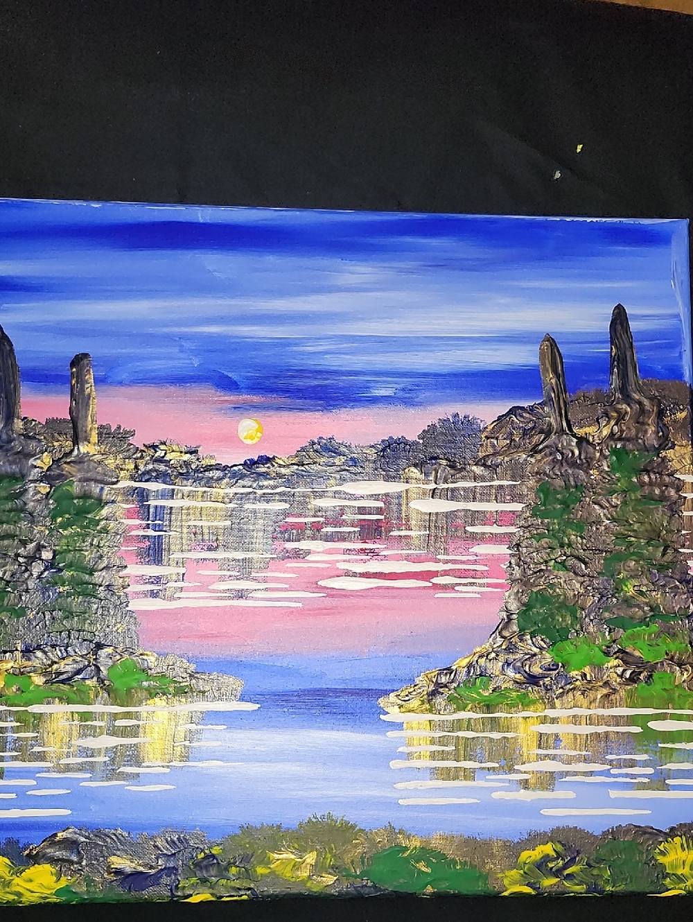 Serene Sunset Lake Landscape Wall Art - Blue, Pink & Green